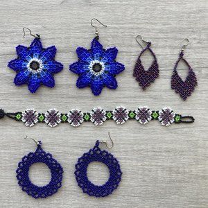 Mexican beaded jewelry: bracelet, 3 pairs of earrings